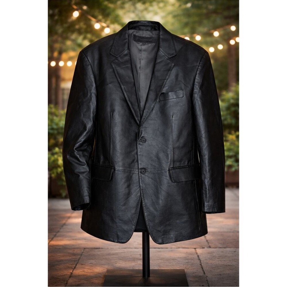 Stafford Men’s Black Genuine Leather Blazer Jacket large Classic 2-Button
